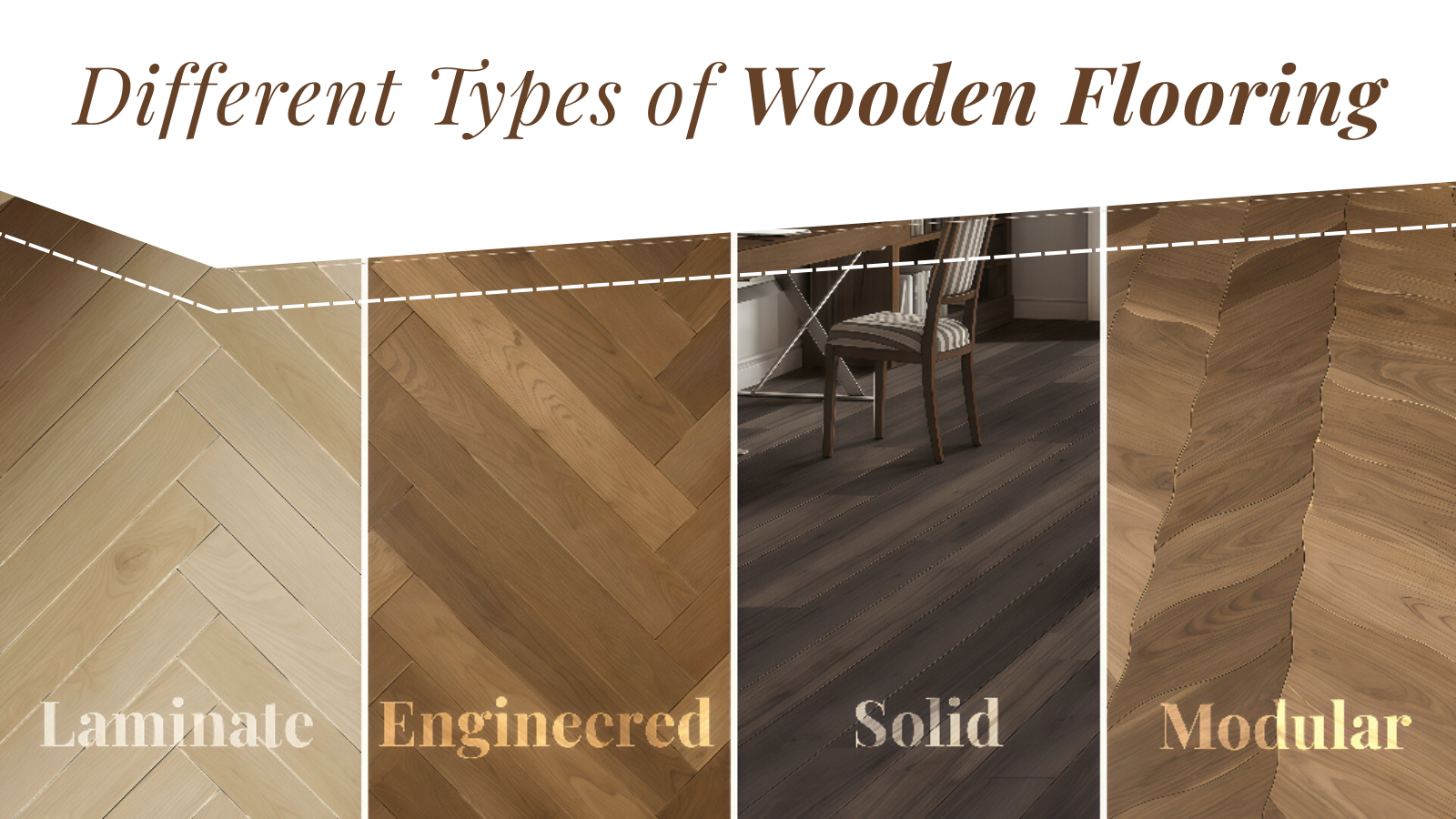 Different types of wooden flooring displayed side by side – laminate, engineered, solid, and modular flooring options with distinct wood colors and textures