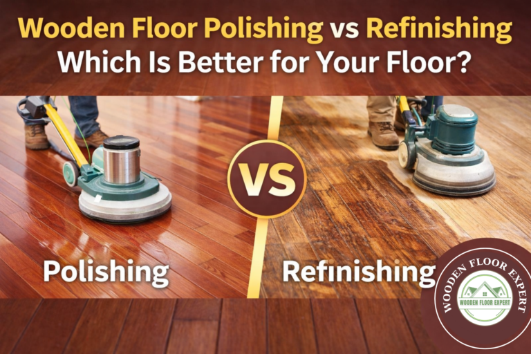 Blog thumbnail for Wooden Floor Expert website titled “Wooden Floor Polishing vs Refinishing – Which Is Better for Your Floor?” showing a side-by-side comparison of two wooden floors — left side a shiny polished wooden floor with a polishing machine in use, right side a scratched wooden floor being sanded and refinished with a floor machine, a bold “VS” symbol in the center, and the Wooden Floor Expert logo watermark displayed in the corner.