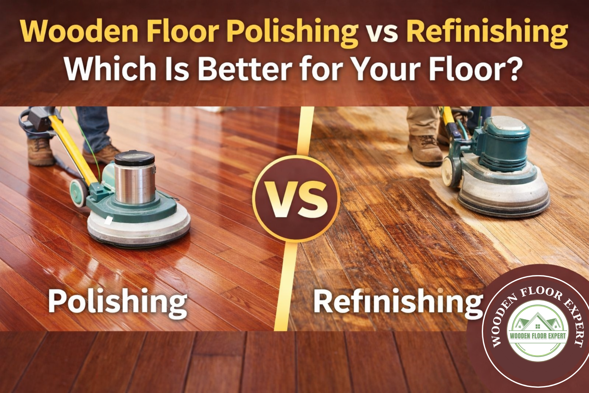 Blog thumbnail for Wooden Floor Expert website titled “Wooden Floor Polishing vs Refinishing – Which Is Better for Your Floor?” showing a side-by-side comparison of two wooden floors — left side a shiny polished wooden floor with a polishing machine in use, right side a scratched wooden floor being sanded and refinished with a floor machine, a bold “VS” symbol in the center, and the Wooden Floor Expert logo watermark displayed in the corner.