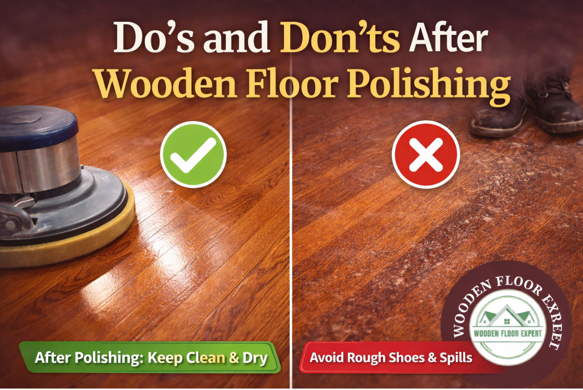 Blog thumbnail showing Do’s and Don’ts After Wooden Floor Polishing with a split design—on the left, a polished wooden floor being buffed with a machine and a green check mark indicating proper care like keeping the floor clean and dry; on the right, a scratched wooden floor with rough shoes, dust, and a red cross highlighting mistakes to avoid. The image includes the Wooden Floor Expert logo watermark, representing professional wooden floor polishing and post-polishing care tips.