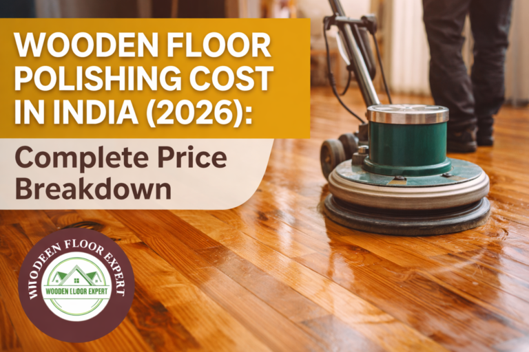 Wooden floor polishing machine working on a shiny hardwood floor with rupee symbols and currency notes highlighting cost, titled "Wooden Floor Polishing Cost in India 2026 Complete Price Breakdown" with Wooden Floor Expert logo watermark.